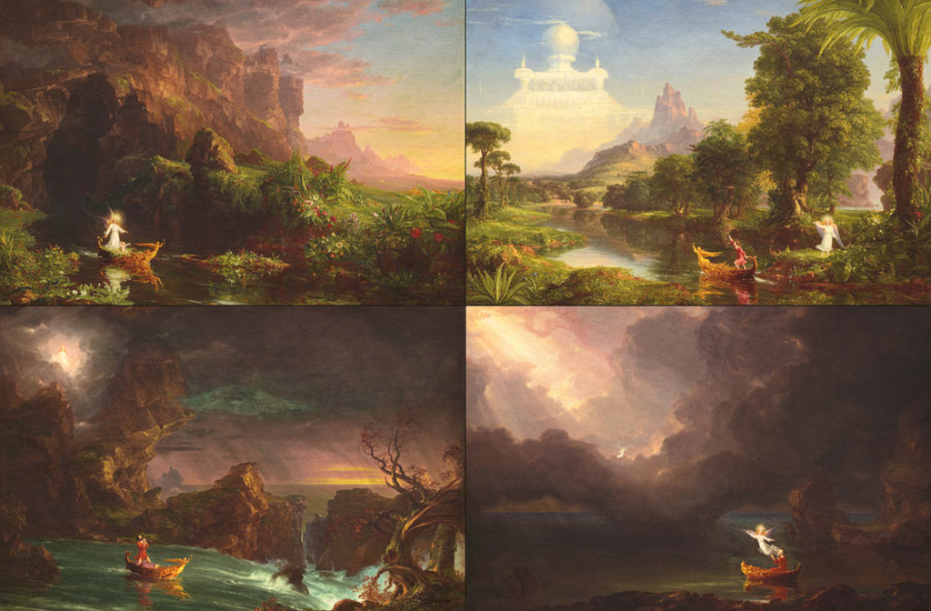 Photographie de la série « Le Voyage de la vie » composée de 4 peintures à l'huile sur toile de Thomas Cole datant de 1840 puis reproduites en 1842 avec des modifications mineures. Chaque peinture représente une allégorie des 4 étapes de la vie humaine : « Enfance », « Jeunesse », « Virilité » et « Vieillesse ». Un voyageur guidé par un ange se déplace en barque sur une rivière à travers des paysages changeants de la nature sauvage américaine du milieu du 19ème siècle : « Enfance » dans une nature verdoyante et lumineuse ; « Jeunesse » sous un ciel clair avec un palais lointain ; « Virilité » au milieu de rapides et d’orages, et « Vieillesse » sur des eaux sombres s’ouvrant vers une lumière céleste.